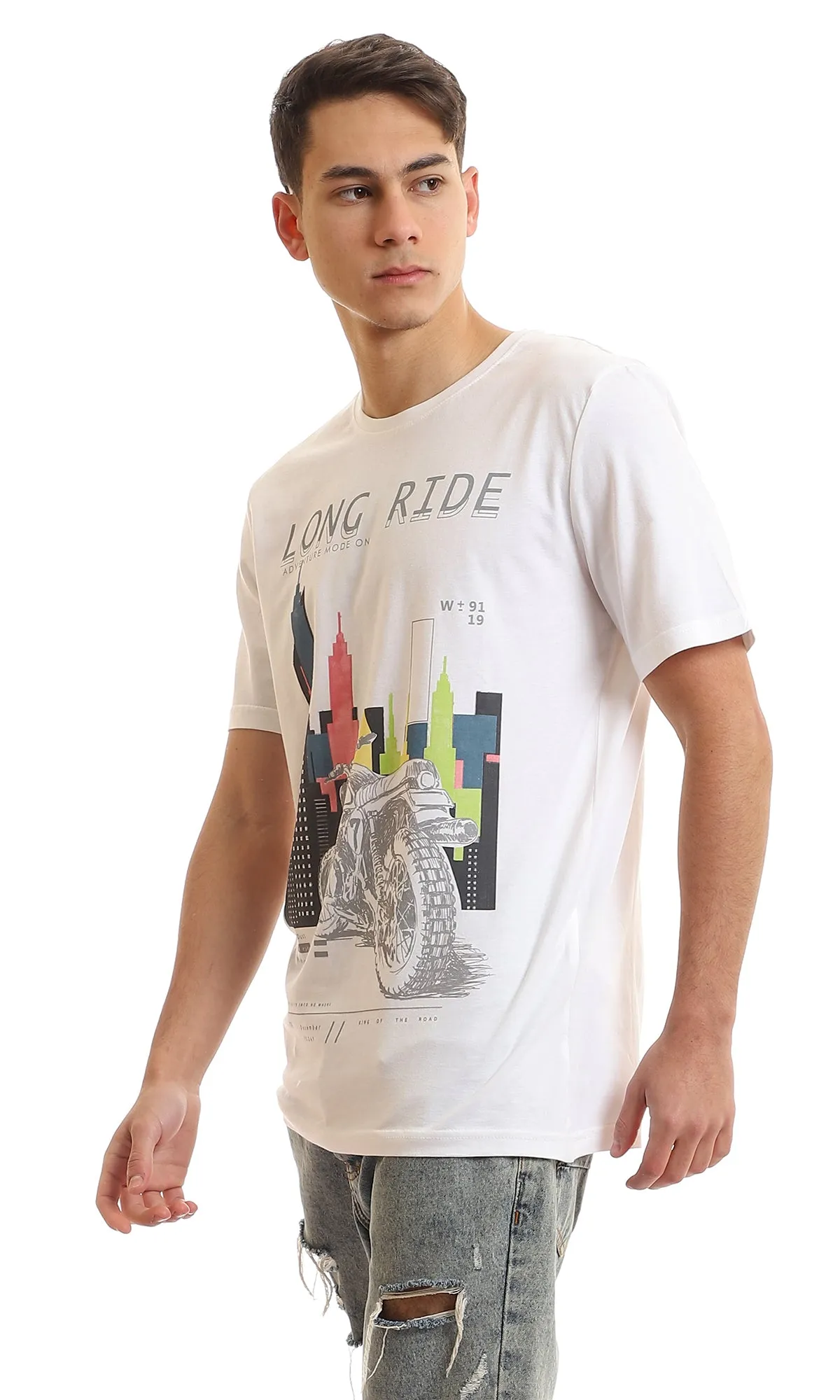 97393 "Long Ride Adventure Mode On" Printed T-Shirt - White