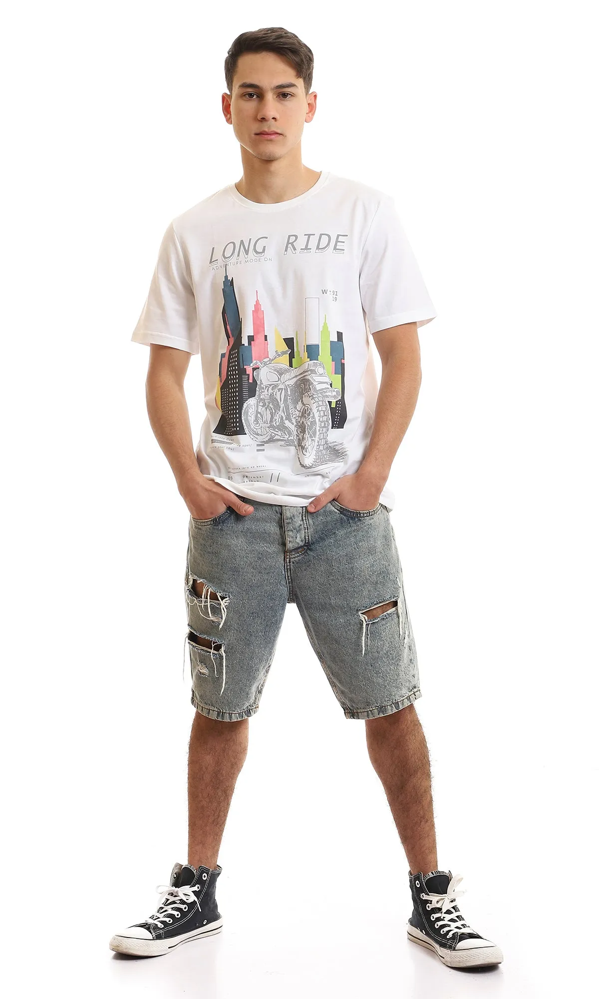 97393 "Long Ride Adventure Mode On" Printed T-Shirt - White