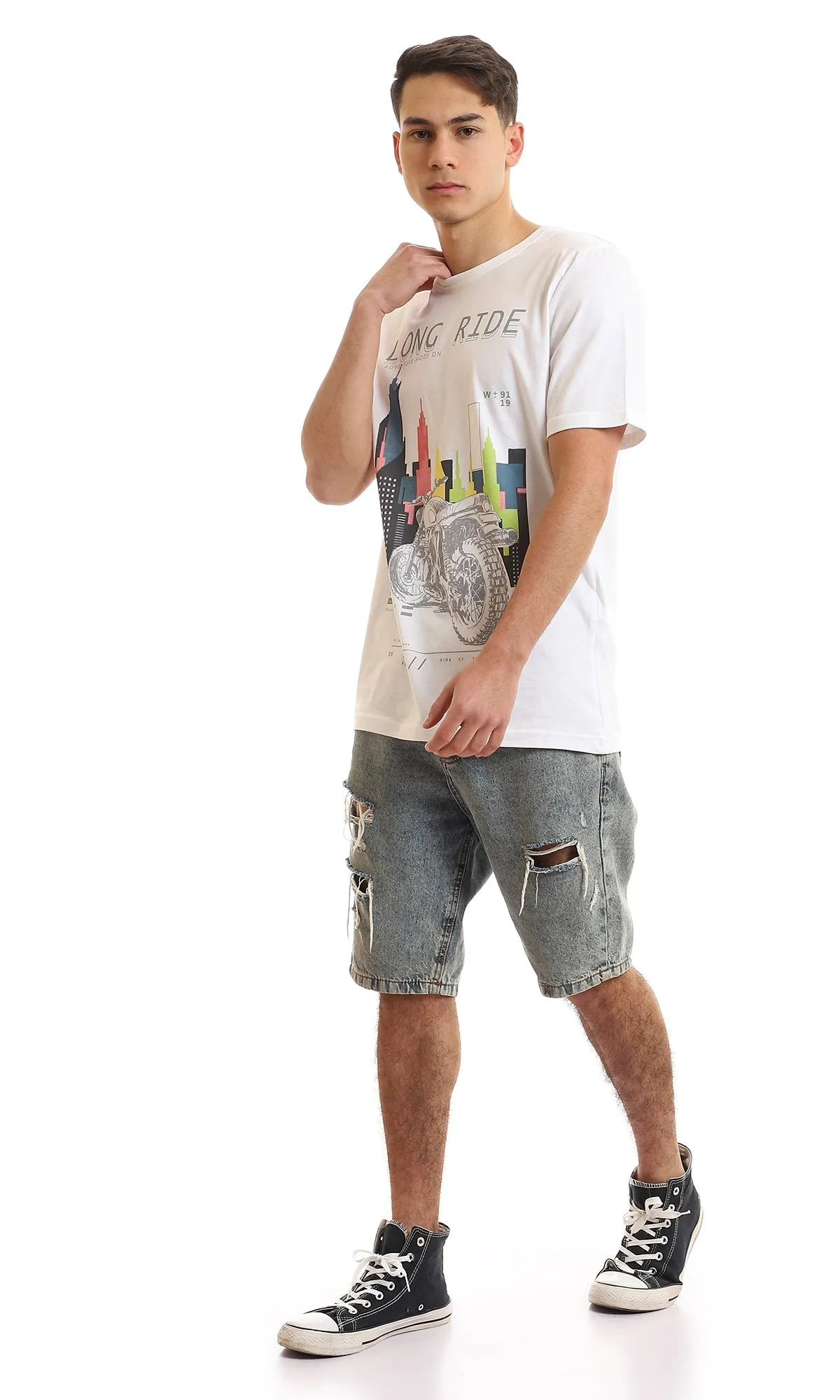 97393 "Long Ride Adventure Mode On" Printed T-Shirt - White
