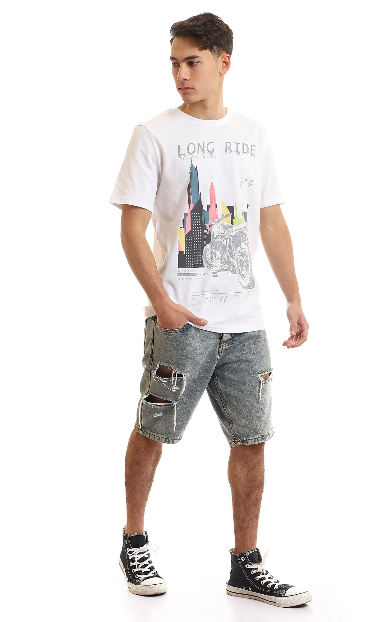 97393 "Long Ride Adventure Mode On" Printed T-Shirt - White