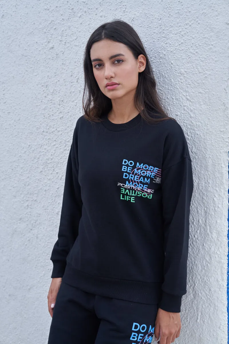 Black Printed Fleece LS Sweatshirt Tee