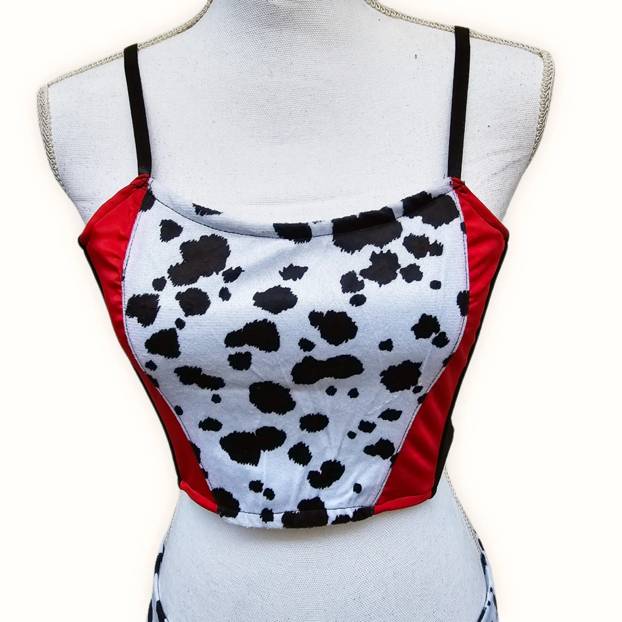 Evil Villain Costume | Cropped Striped Tank & Spotted Print Pleated Skirt