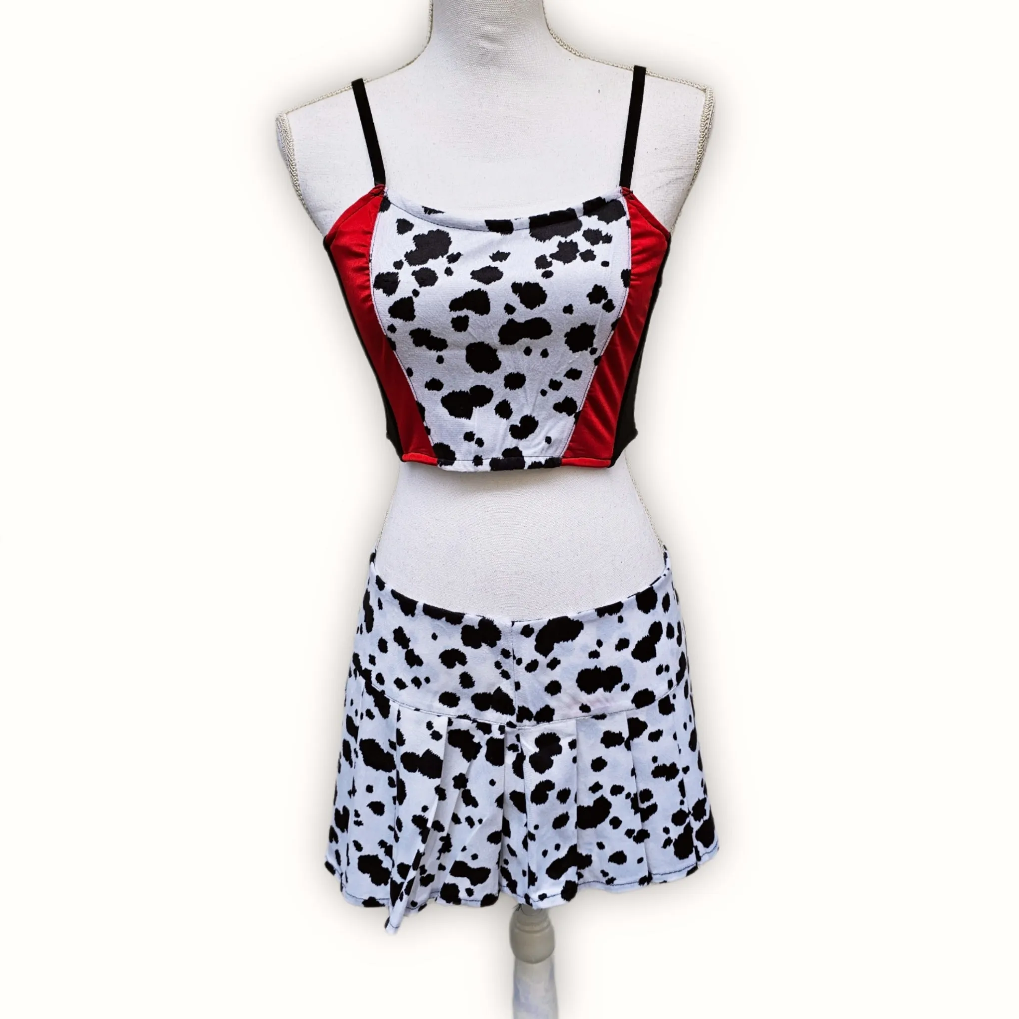 Evil Villain Costume | Cropped Striped Tank & Spotted Print Pleated Skirt