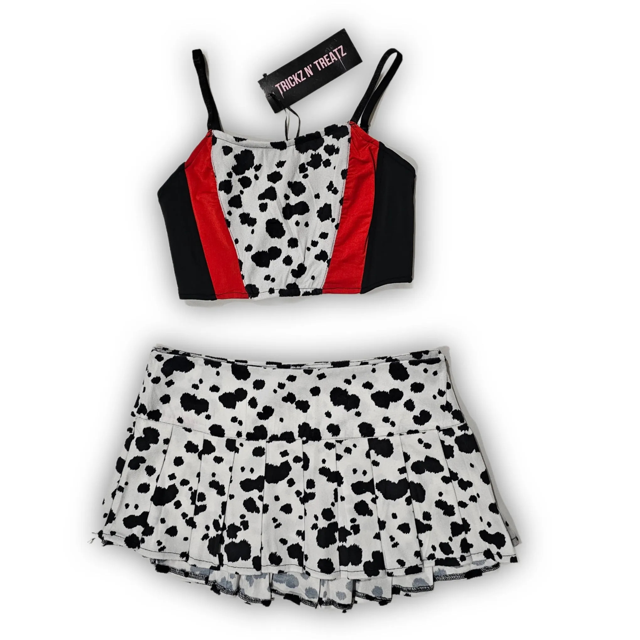 Evil Villain Costume | Cropped Striped Tank & Spotted Print Pleated Skirt
