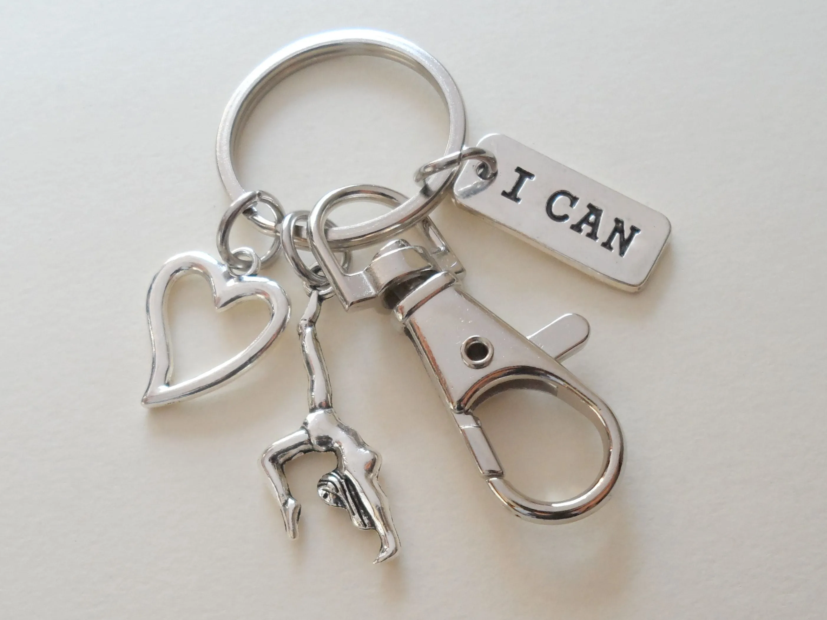 Gymnastics Charm Keychain with Heart & I Can Charm and Swivel Clasp, Gymnast or Dancer Keychain