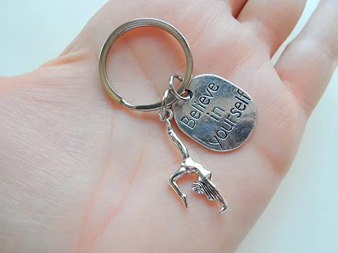 Gymnastics Keychain with Gymnast Charm and Believe in Yourself Charm, Gymnast, Tumbling or Coach Keychain