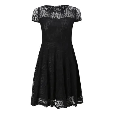 Sexy Print O-Neck Lace Dresses Women Vintage Short Sleeve Hollow Out Summer Dress Female Fashion A-Line Party Dress For Ladies