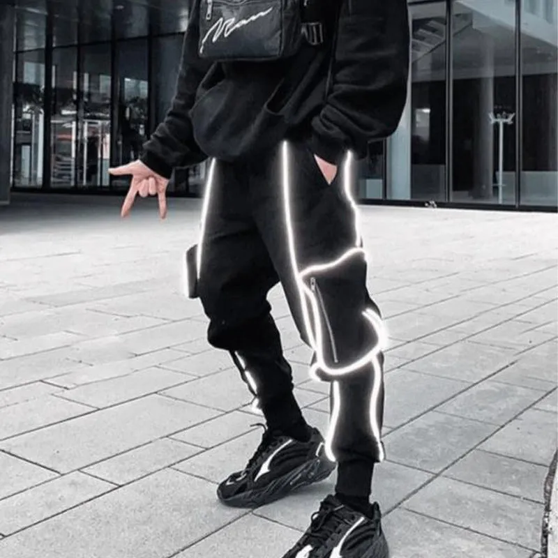 Street hip-hop trend men's trousers reflective casual sports overalls