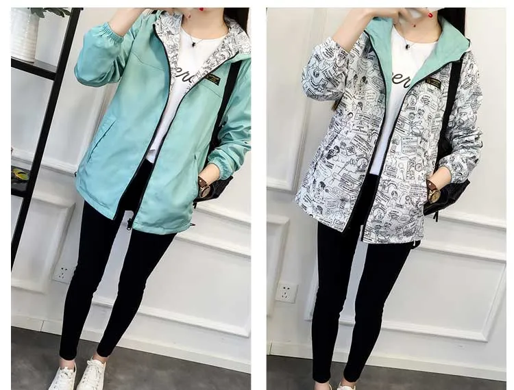 Women's Spring/Autumn Hooded Two-Side-Wear Cartoon-Printed Loose Windbreaker